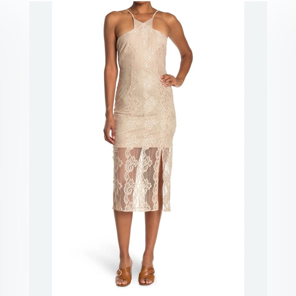 NWT NSR Sand & Black EVIE Cross Bodice FLORAL Lace POLKA DOT Slip MIDI DRESS L